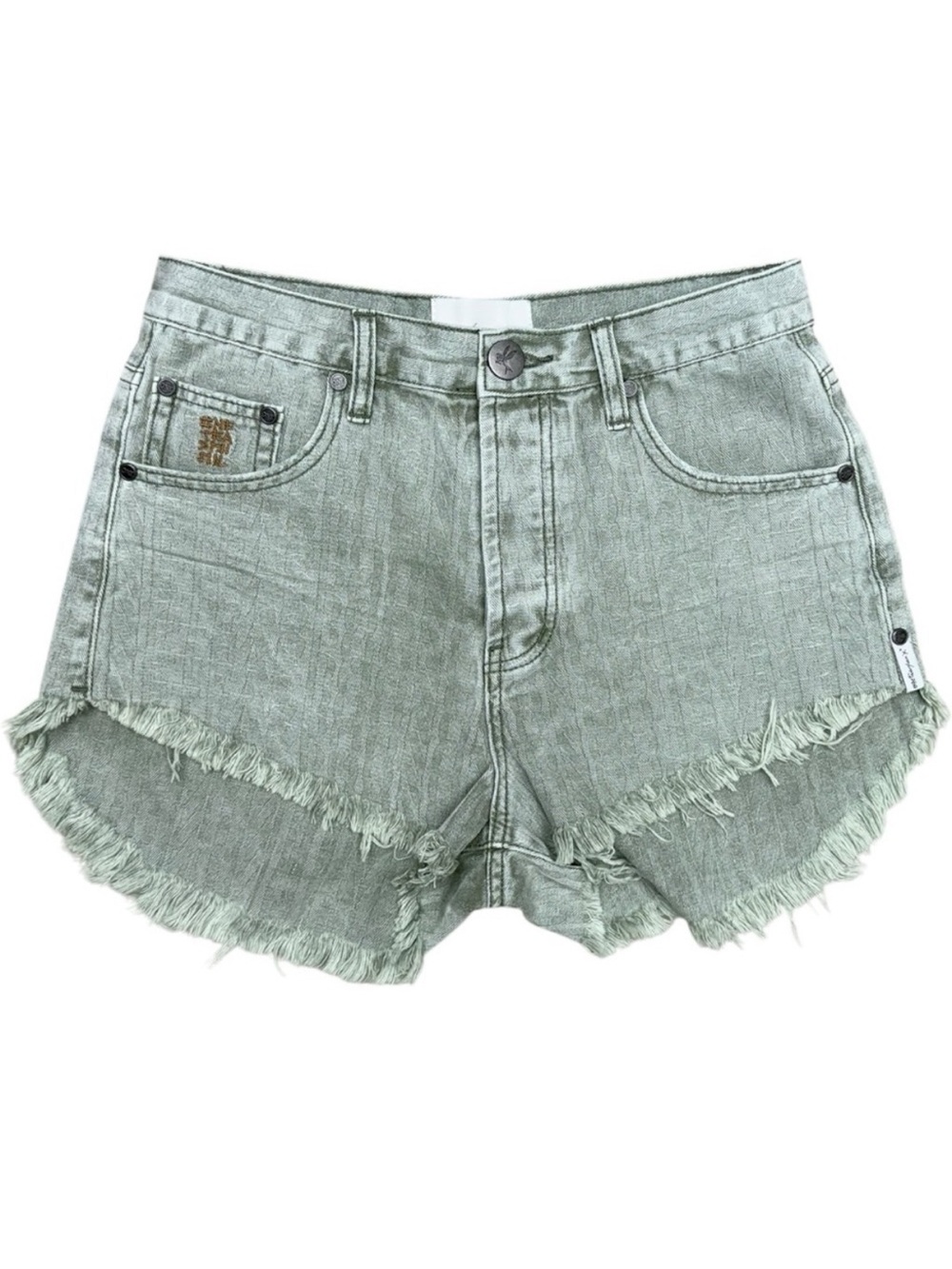 One Teaspoon Outlaws Mid Waist Frayed Hem Denim Shorts, Khaki Green, Size 28